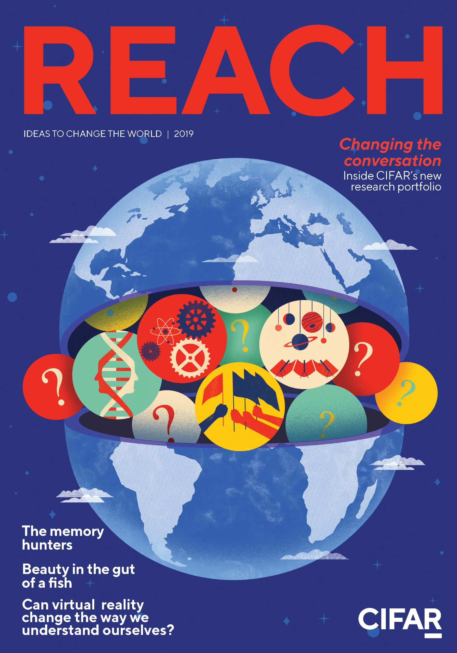 Reach magazine cover. Picture of a globe that opens up of sphere of representing different sectors of science.