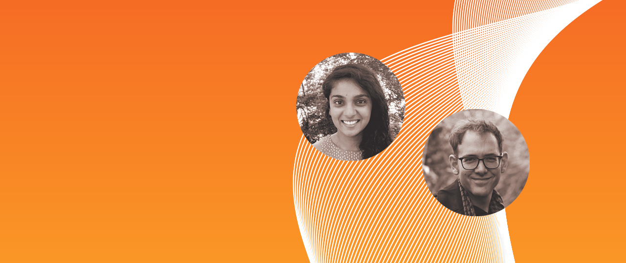 Photos of researchers Dhanya Sridhar and Marc G. Bellemare on orange gradient background