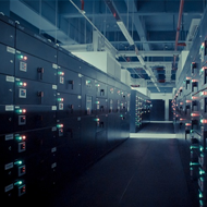 Photo of a bank of servers in a large data center