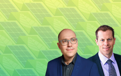 Photo Alan Aspuru-Guzik and Curtis Berlinguette on a green background with repeating illustrations of leaves and solar panels