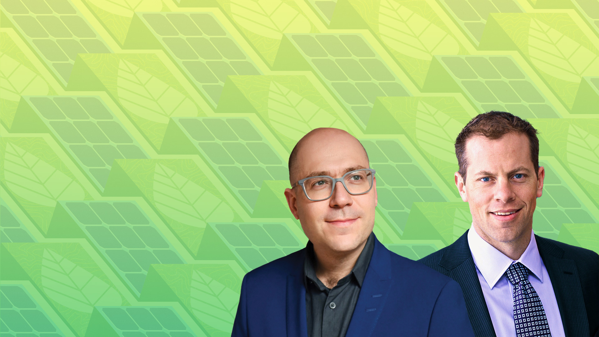 Photo Alan Aspuru-Guzik and Curtis Berlinguette on a green background with repeating illustrations of leaves and solar panels