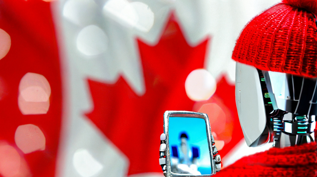 Image generated by AI showing a robot looking at a mirror, wearing a red hat and scarf, with a Canadian flag in the background.
