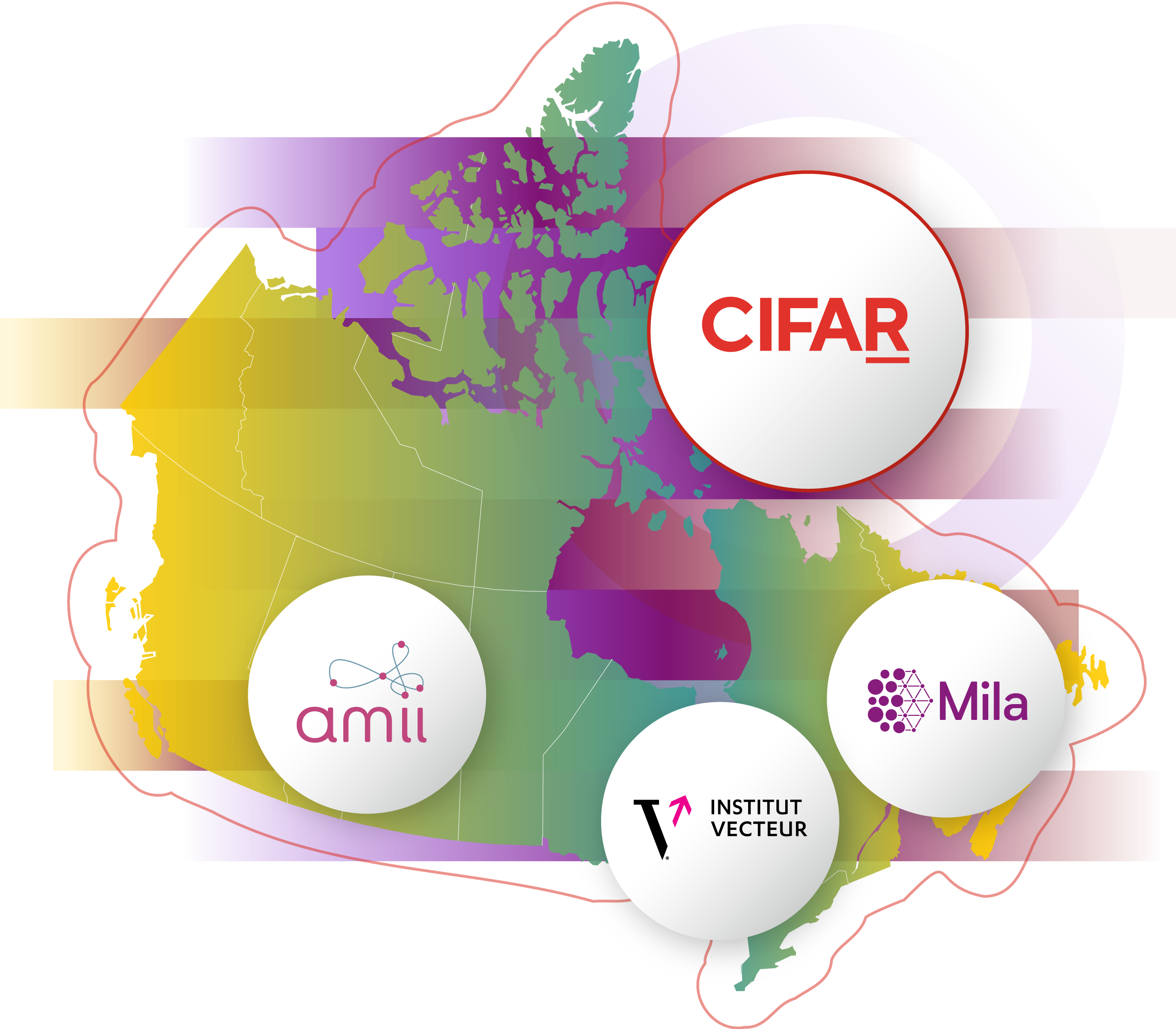 Map of Canada with CIFAR, amii, Vector Institute and Mila logos