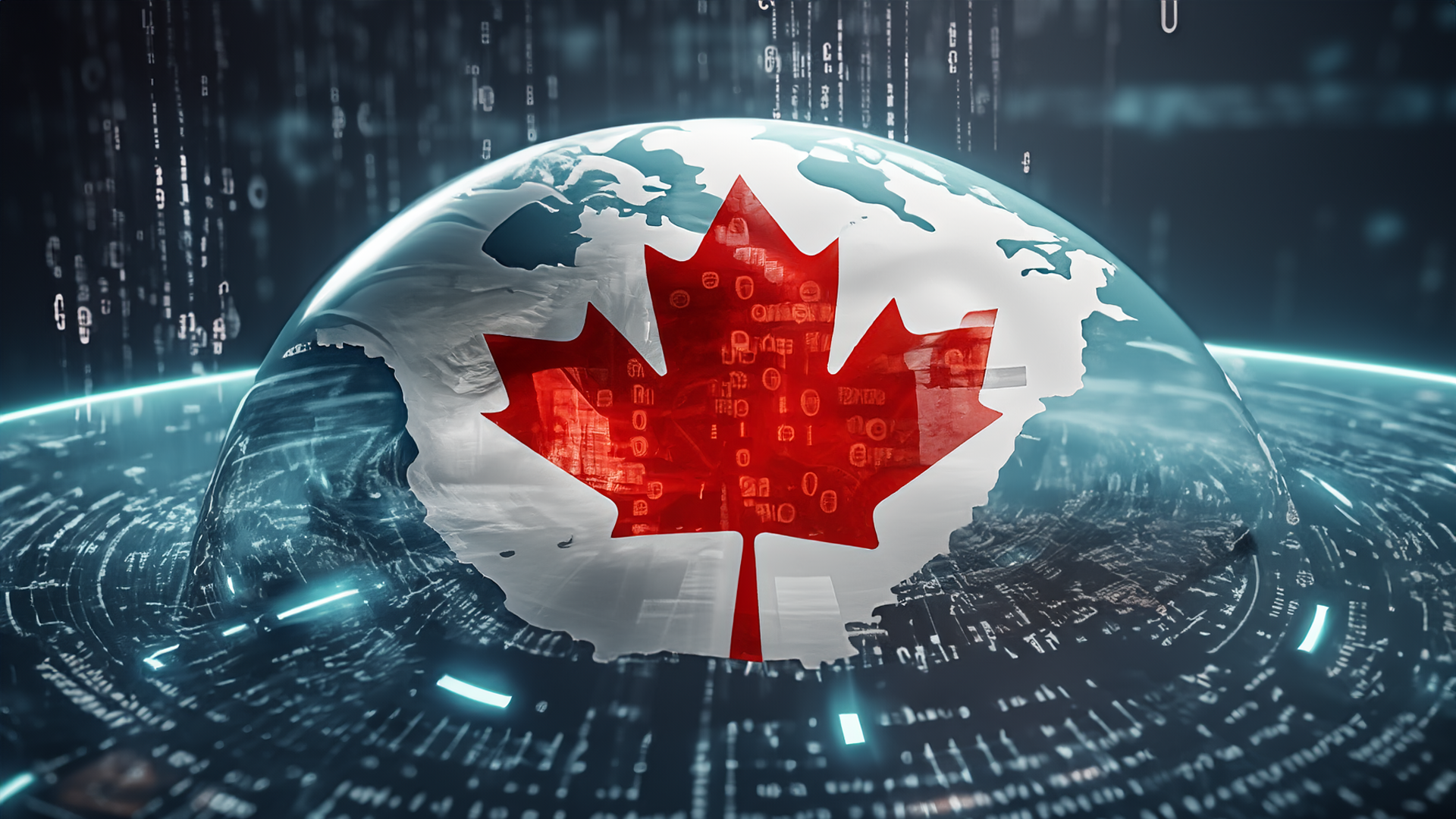 Image of a Canadian maple leaf draped over a globe, with an intricate background of binary code lines. Image generated using Adobe Firefly.