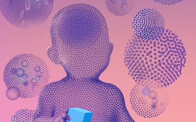 An illustration of a baby playing with toy blocks. In the background, there are illustrations of bubbles depicting the bacteria inside petri dishes.	Illustration d’un bébé jouant avec des blocs. En arrière-plan, des bulles illustrent les bactéries présentes dans les boîtes de Petri.