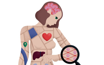 An illustration of a woman looking down at her left elbow. The person’s body is illustrated to mimic a Google Map with location markers and roads, as well as organs including the brain, stomach, heart and kidneys. A magnifying glass is on her elbow, zooming in on cells.	Illustration d’une femme regardant son coude gauche. Le corps de la personne est illustré de façon à imiter une carte Google avec des marqueurs de localisation et des routes, ainsi que des organes dont le cerveau, l’estomac, le cœur et les reins. Une loupe est posée sur son coude et permet de grossir les cellules.