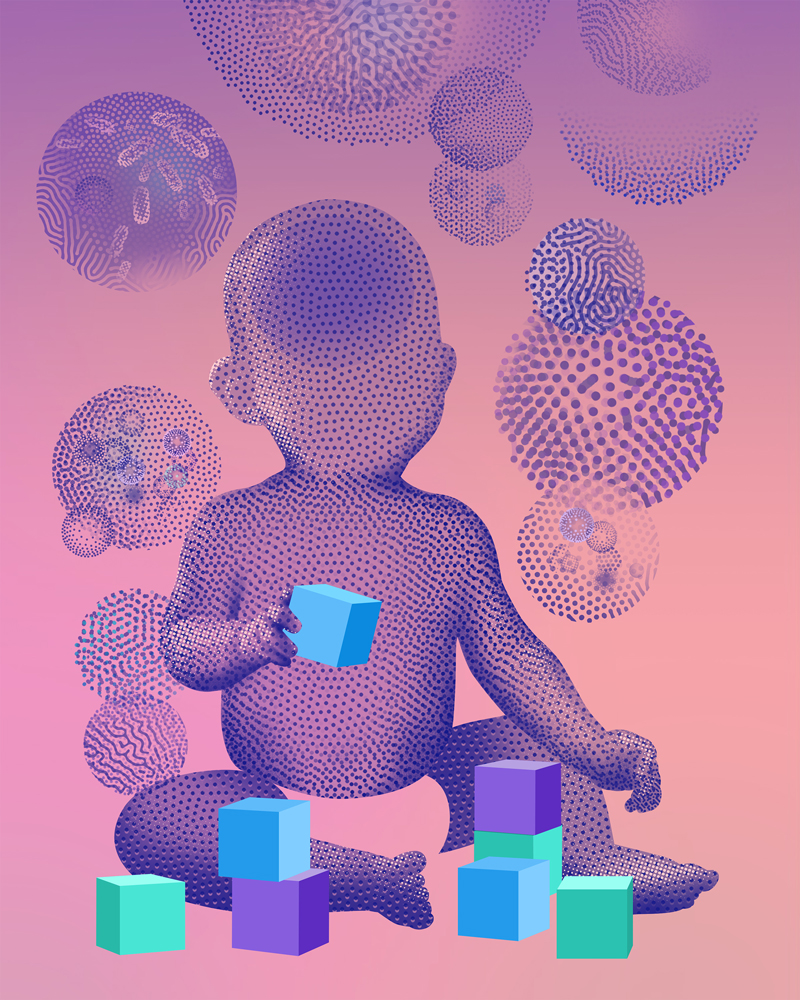 An illustration of a baby playing with toy blocks. In the background, there are illustrations of bubbles depicting the bacteria inside petri dishes.

