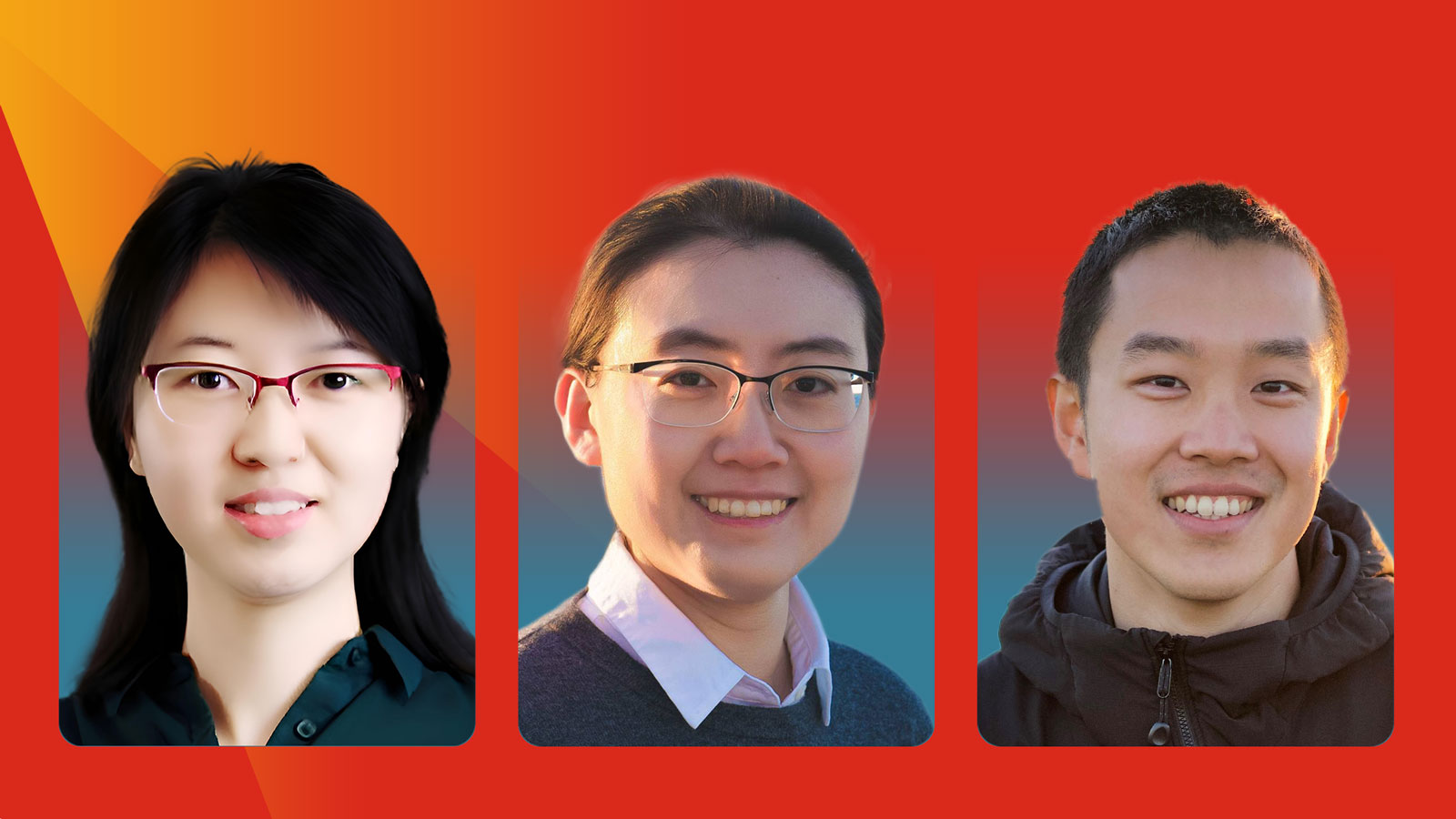 Headshots of Shuang Li, Freda Shi and Victor Zhong on a red background