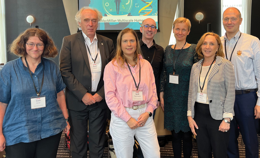 CIFAR MacMillan Multiscale Human program members Dana Pe’er (Fellow), Pavel Kabat (Advisor), Sarah Teichmann, Gary Bader, Katy Börner (Co-Directors), alongside Arlene Shuler and Kevin MacMillan of the MacMillan Family Foundation