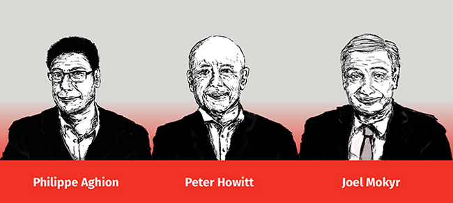 Illustrations of Philippe Aghion, Joel Mokyr and Peter Howitt, members of CIFAR’s former economics research programs, who were recently awarded the Sveriges Riksbank Prize in Economic Sciences in Memory of Alfred Nobel 2025.