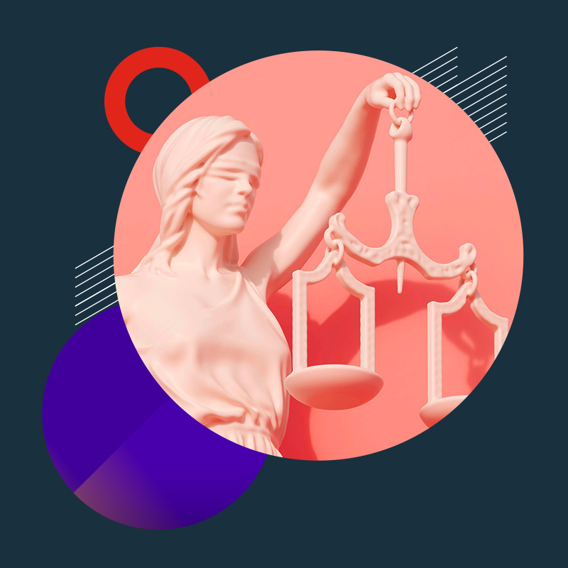 Lady Justice and geometric shapes in the background