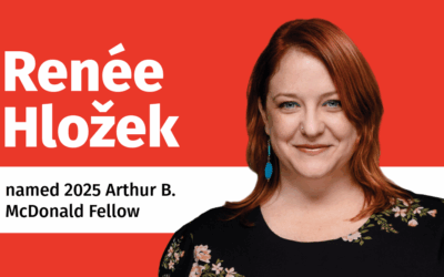 Renée Hložek, smiling, in front of a red background with text reading "named 2025 Arthur B. McDonald Fellow."
