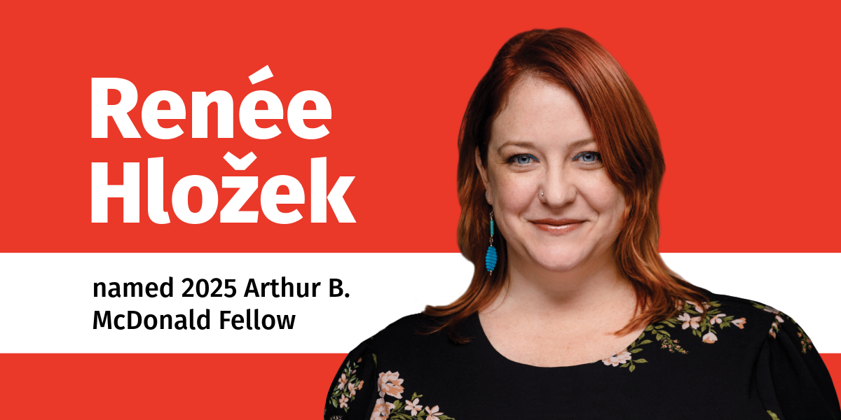 Renée Hložek, smiling, in front of a red background with text reading "named 2025 Arthur B. McDonald Fellow."