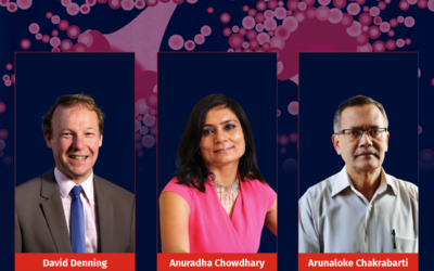 Three individuals are shown in separate frames against a dark background with pink molecular patterns. They appear to be smiling and are professionally dressed.