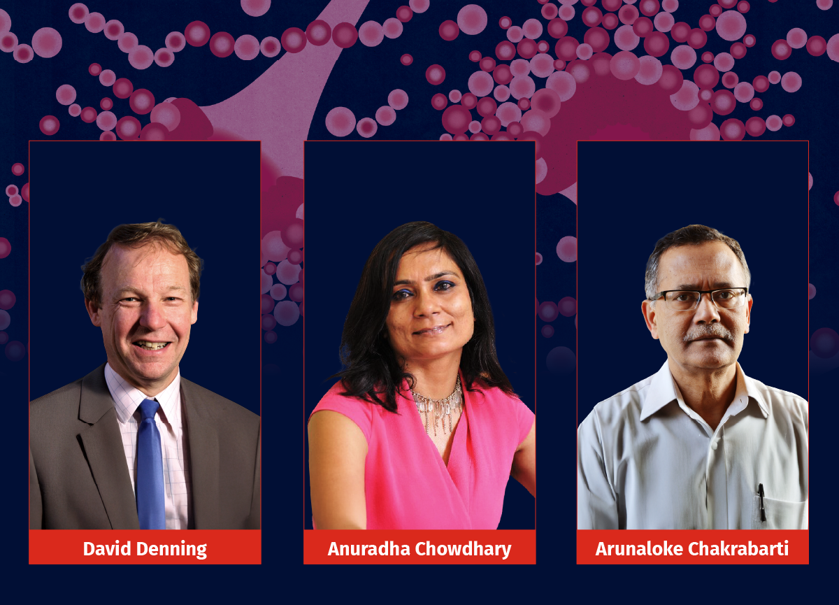 Three individuals are shown in separate frames against a dark background with pink molecular patterns. They appear to be smiling and are professionally dressed.