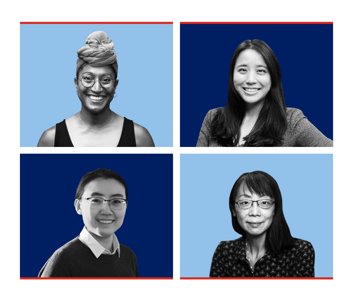 Four black-and-white portraits arranged in a grid with alternating backgrounds: light blue and dark blue. Each person is smiling warmly.