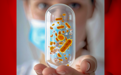 Close-up of a person holding a clear capsule with colorful microbes inside. The person wears a mask, conveying a scientific or medical tone.