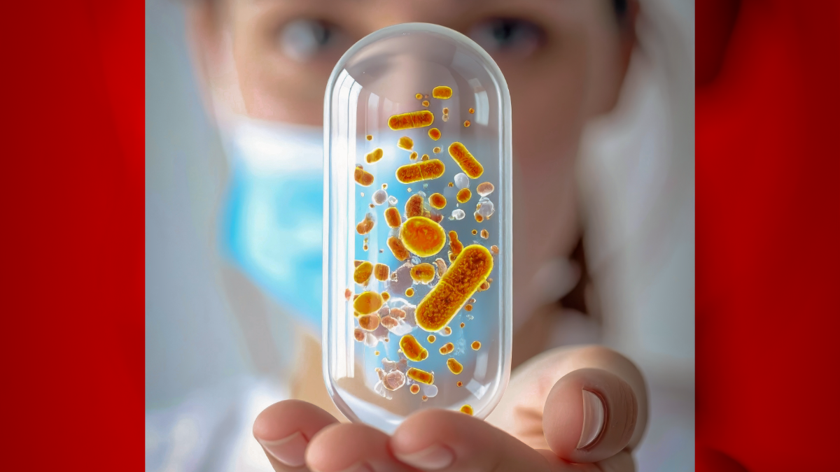 Close-up of a person holding a clear capsule with colorful microbes inside. The person wears a mask, conveying a scientific or medical tone.