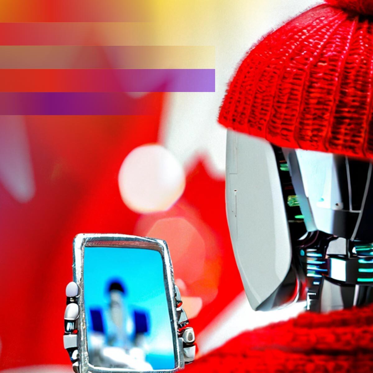 A robot wearing a red knitted hat and scarf stares into a mirror with a Canadian flag in the background; Un robot portant un bonnet tricoté rouge et une écharpe se regarde dans un miroir avec un drapeau canadien en arrière-plan.